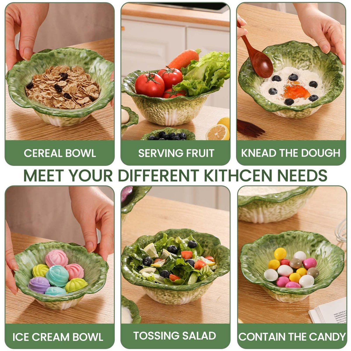KXZ Green Cabbage nesting bowls stacked for compact storage