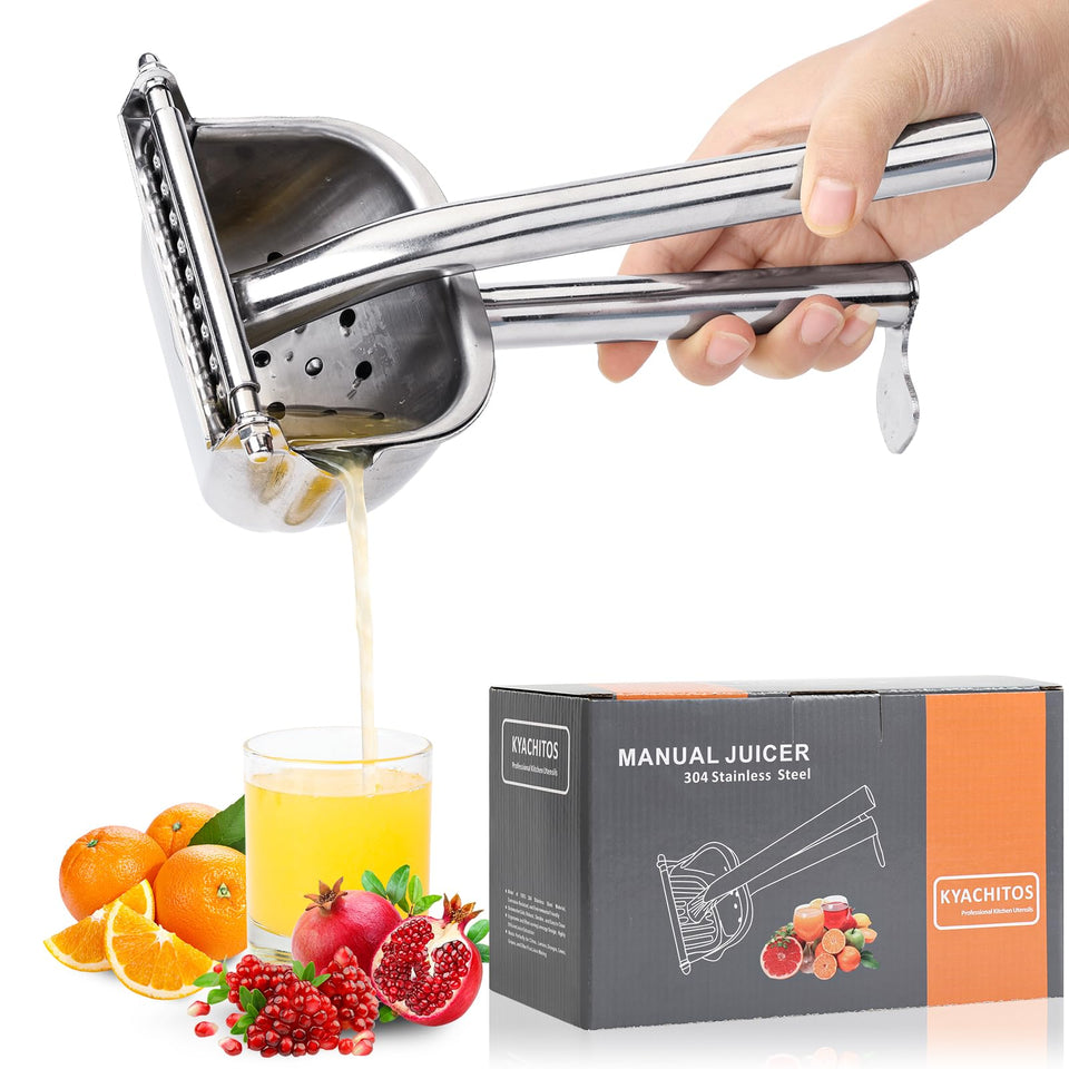 KYACHITOS large lemon squeezer in angle view shows durable stainless steel for lasting use.