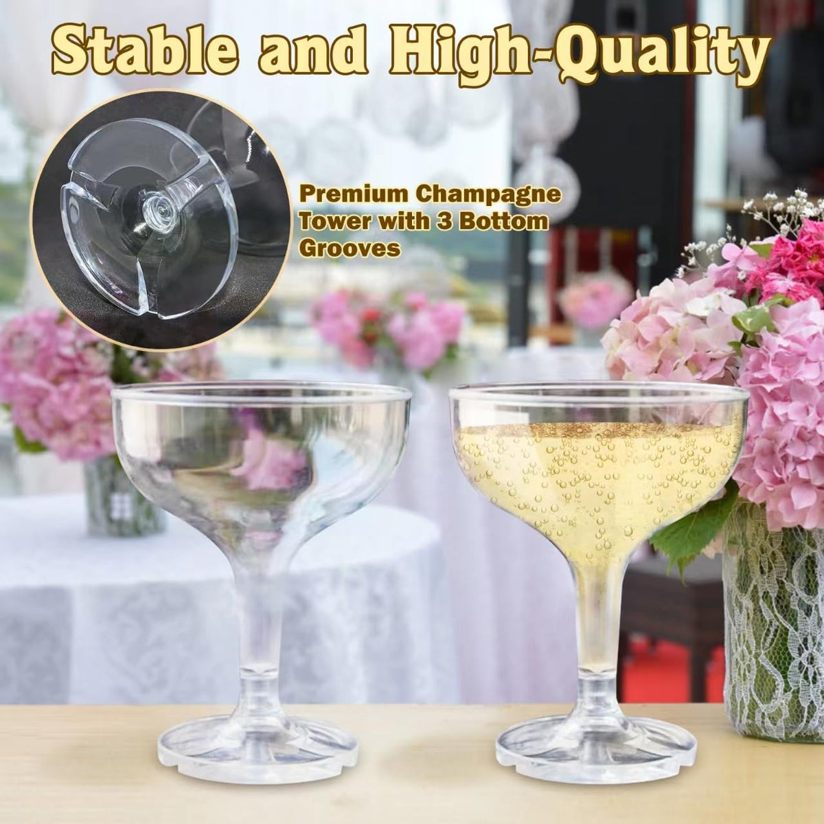 KYAPCK disposable clear champagne coupes ideal for weddings and celebrations