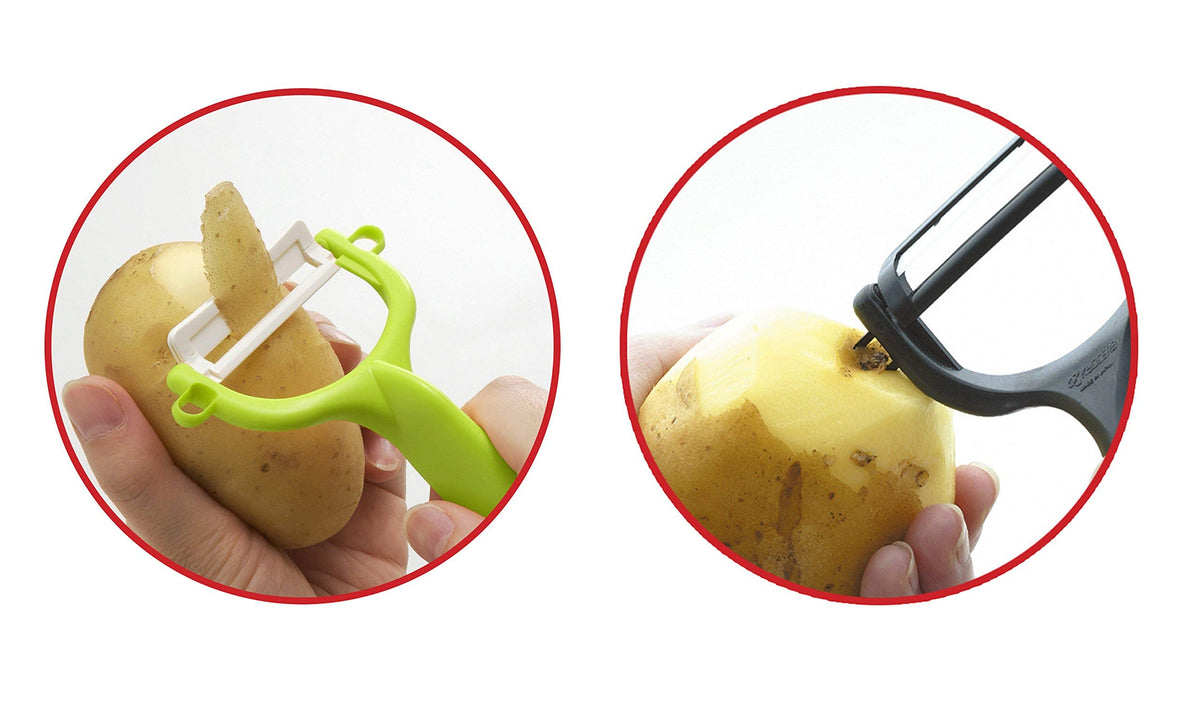Ergonomic red handle of Kyocera peeler provides comfortable grip during long tasks