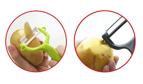 Ergonomic red handle of Kyocera peeler provides comfortable grip during long tasks