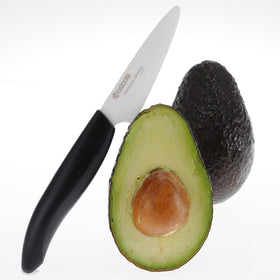 Kyocera 3-inch paring knife with black handle for detailed trimming and prep