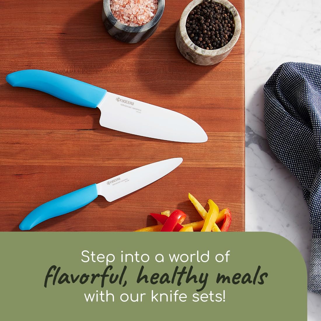 Kyocera Revolution blue handle ergonomic angle for comfortable kitchen use.