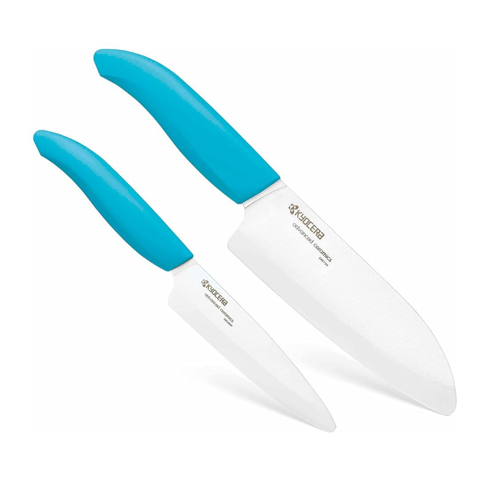 Kyocera Revolution santoku blade close-up for precise produce slicing.