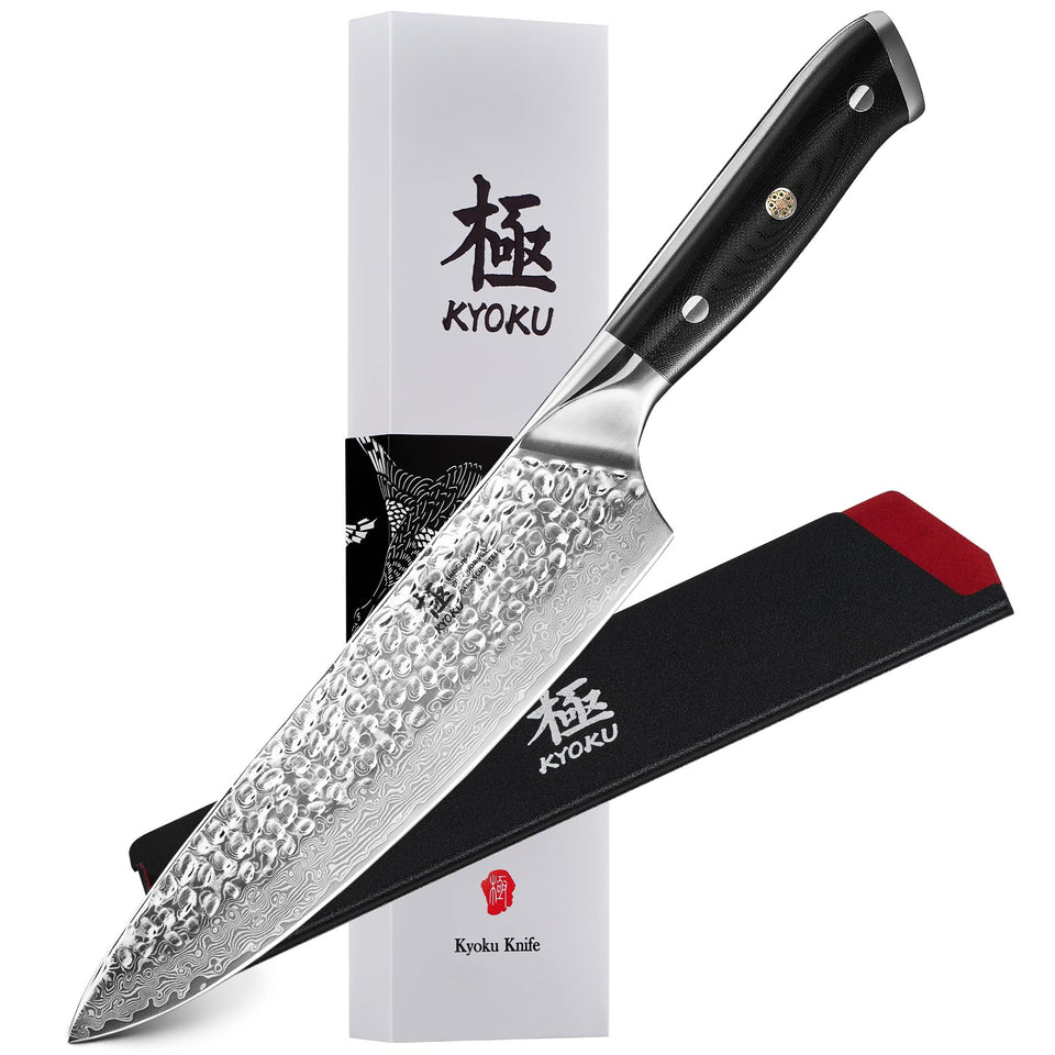 KYOKU Chef Knife 8-inch hammered Damascus blade for precise slicing in the kitchen.