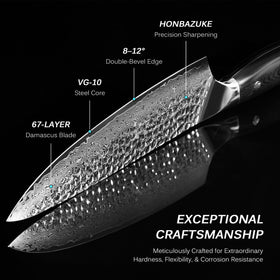 KYOKU knife with cryogenic VG10 core for durability and corrosion resistance.