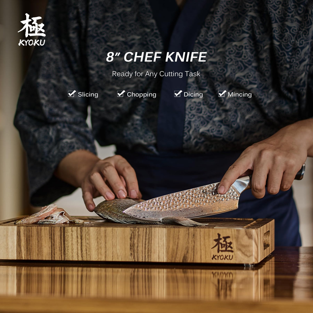KYOKU Chef Knife ergonomic fiberglass handle for comfortable balance during prep.