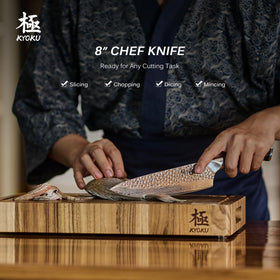 KYOKU Chef Knife ergonomic fiberglass handle for comfortable balance during prep.
