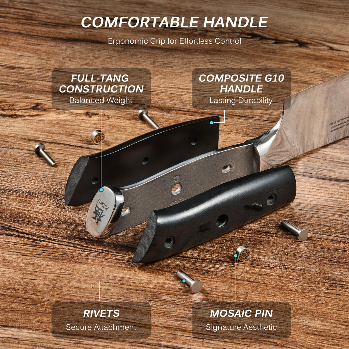 KYOKU mosaic pin on handle adds secure grip and refined style.