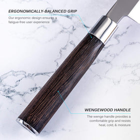 Mirror-polished edge on KYOKU Yanagiba enables clean sashimi cuts.