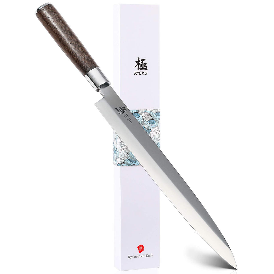 KYOKU Samurai Yanagiba 10.5-inch blade close-up for precise sushi slicing.