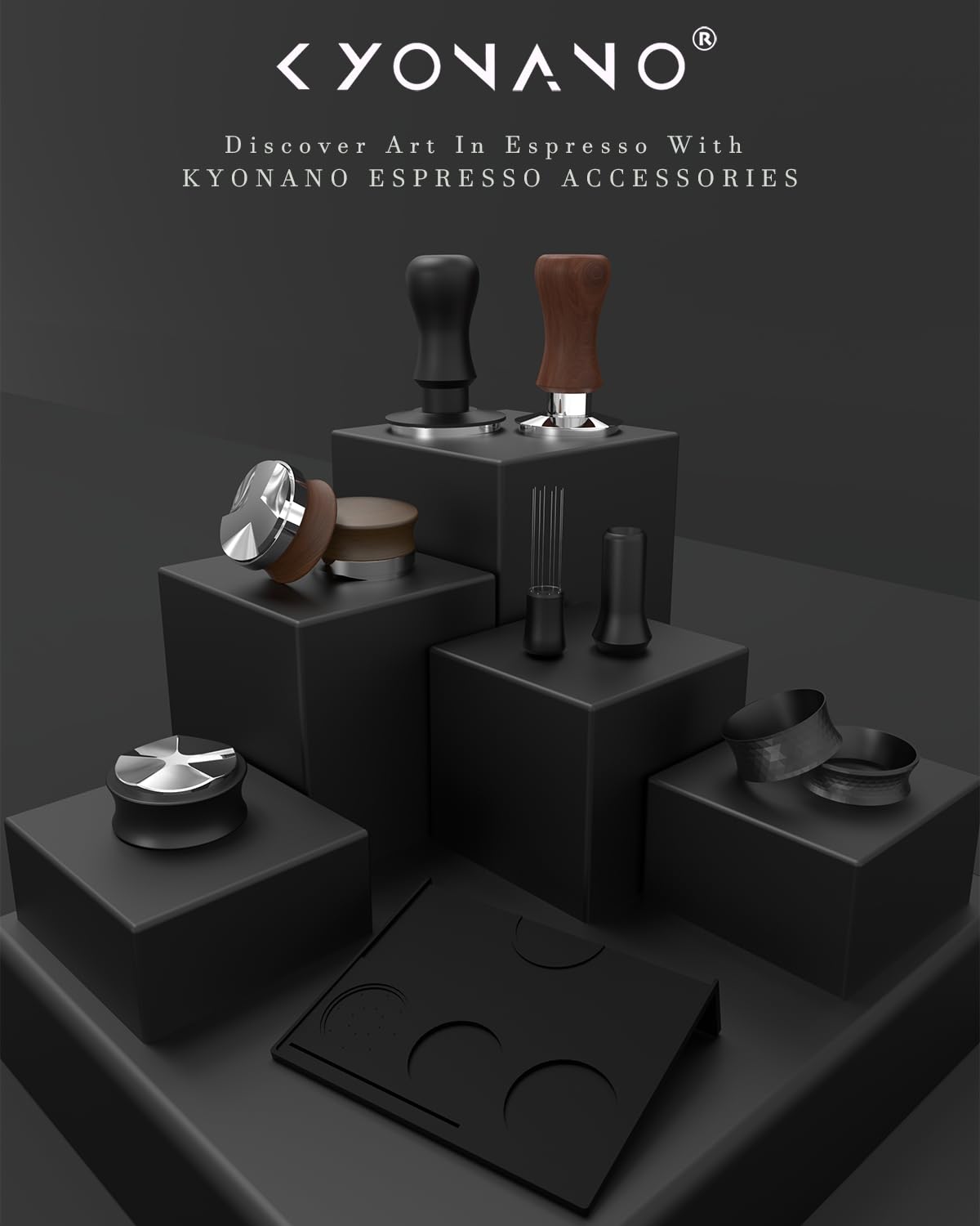 KYONANO tamper demonstrates compatibility with 51mm Delonghi bottomless portafilter.
