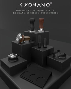 KYONANO tamper demonstrates compatibility with 51mm Delonghi bottomless portafilter.