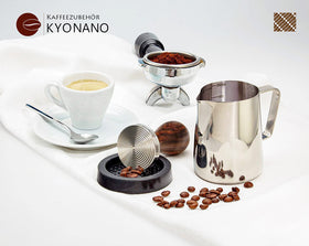 KYONANO rosewood handle ergonomic grip reduces fatigue during tamping.