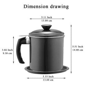 Stainless steel 48 oz oil container with black coating for durability.