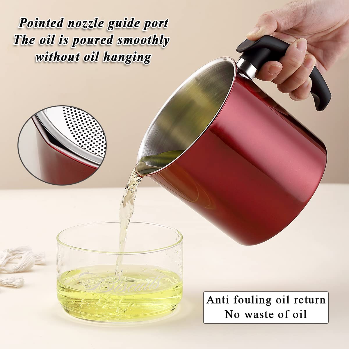 Dishwasher-safe Kyraton grease container for easy cleanup after frying.