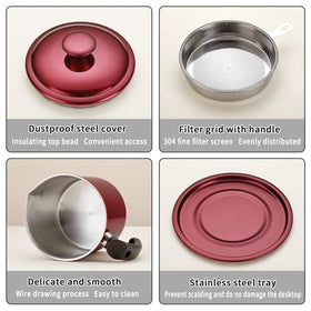 Bright red Kyraton grease container on a kitchen counter for organized storage.