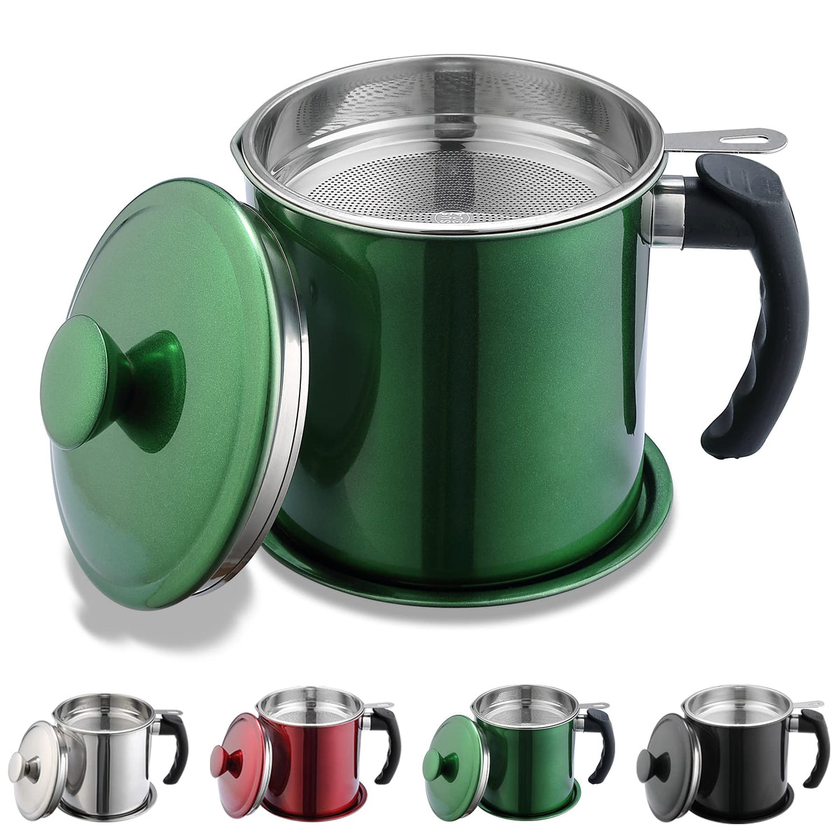 Kyraton bacon grease container with strainer enables clean oil reuse.