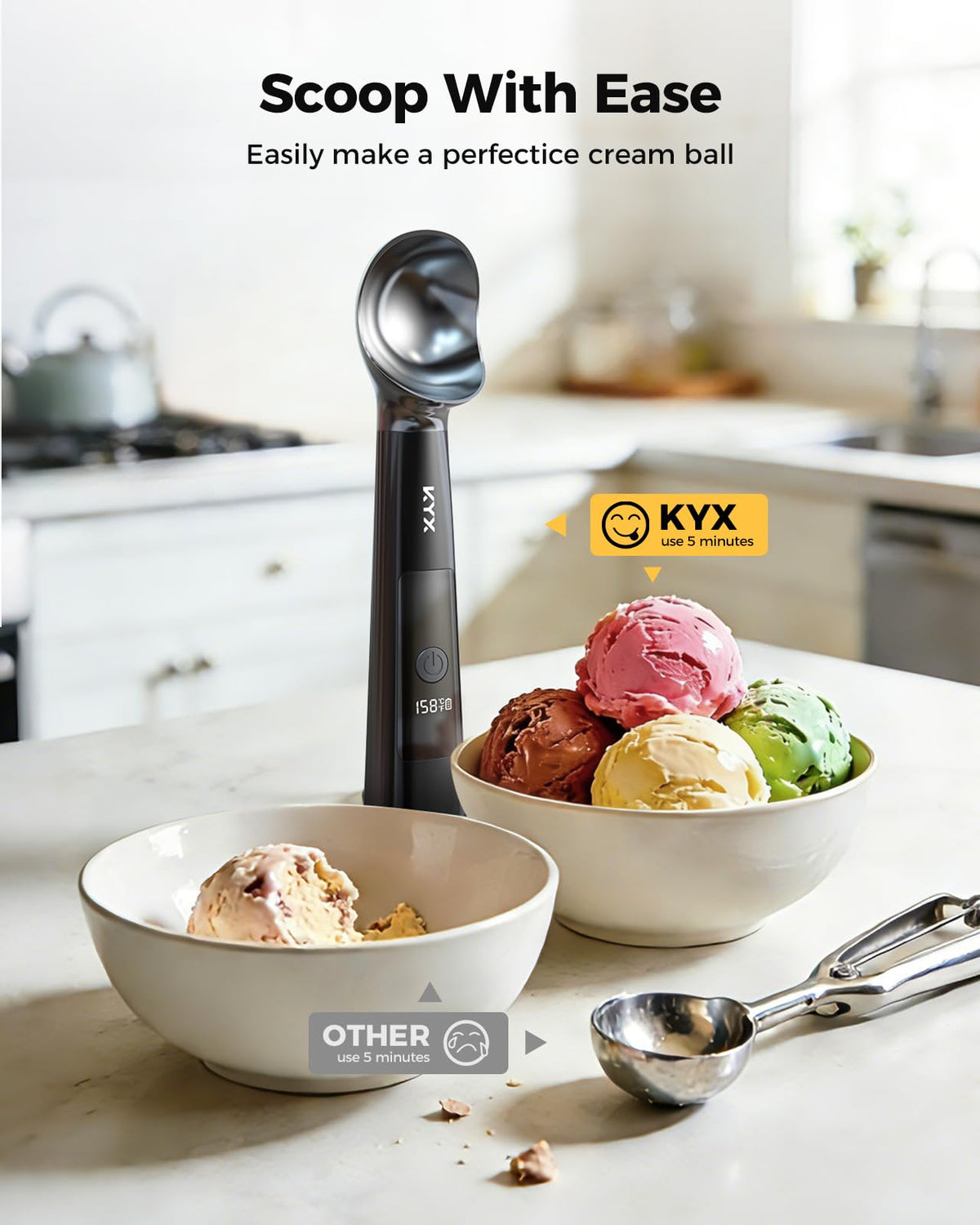 KYX IPX6 waterproof scoop head allows rinse-and-go cleaning.