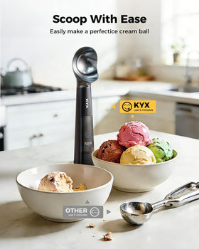 KYX IPX6 waterproof scoop head allows rinse-and-go cleaning.