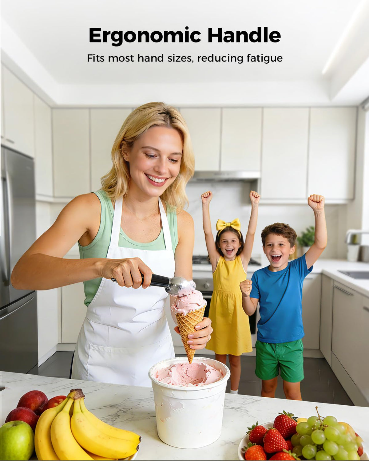 KYX non-slip handle provides comfortable grip during long scoops.