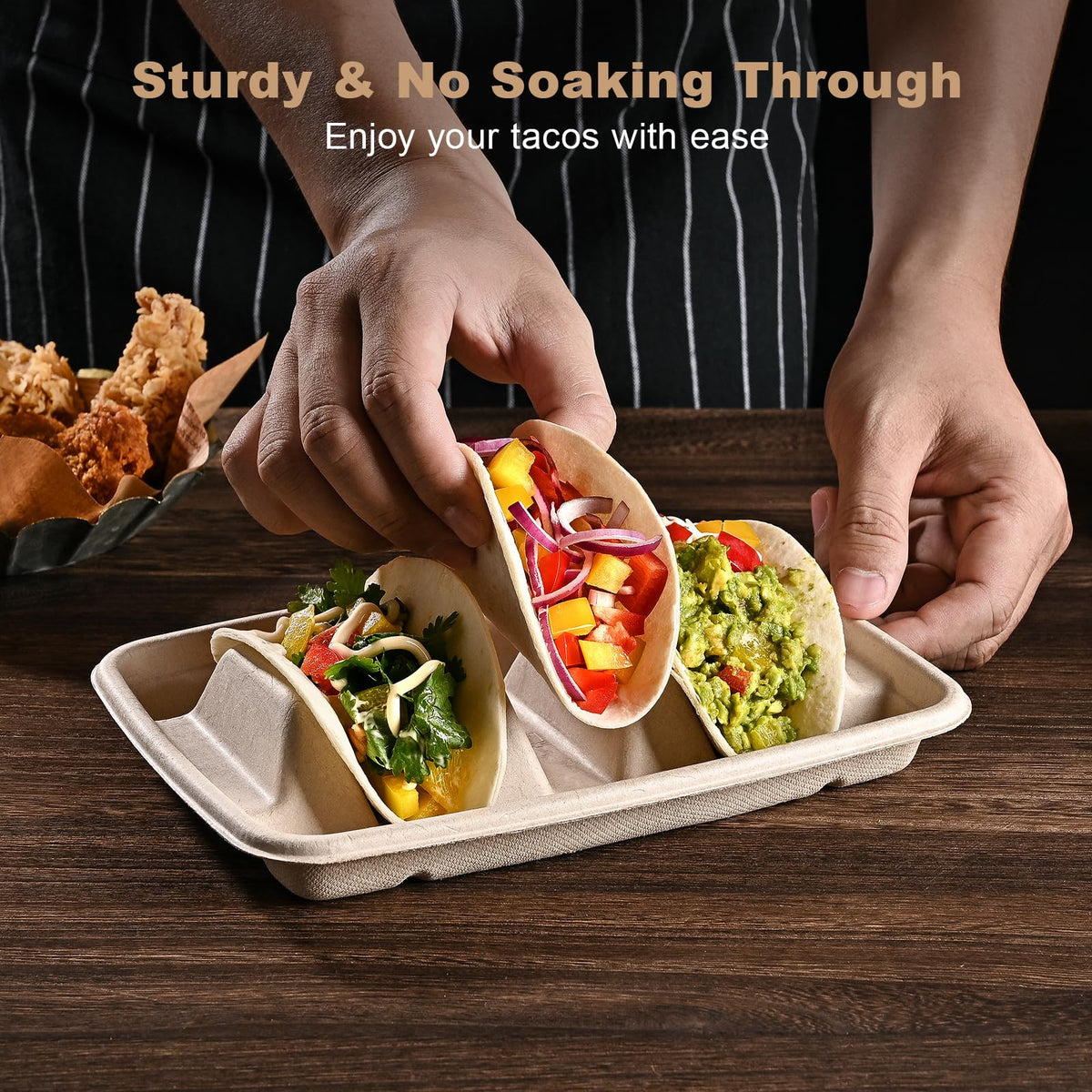 Kzeirm premium paper taco plates are compostable and easy cleanup.