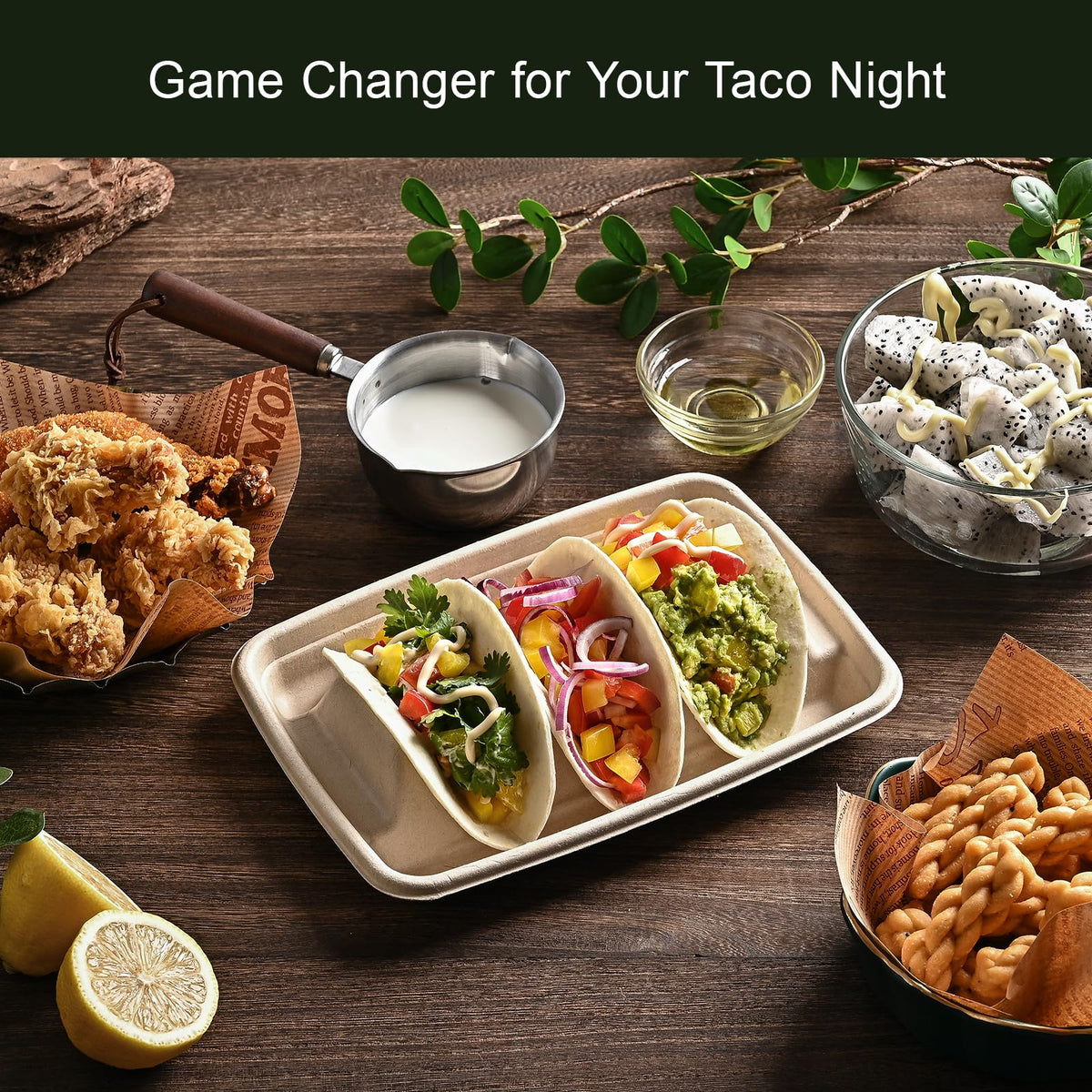 Kzeirm taco holders with 3 dividers preventing fillings from spilling.