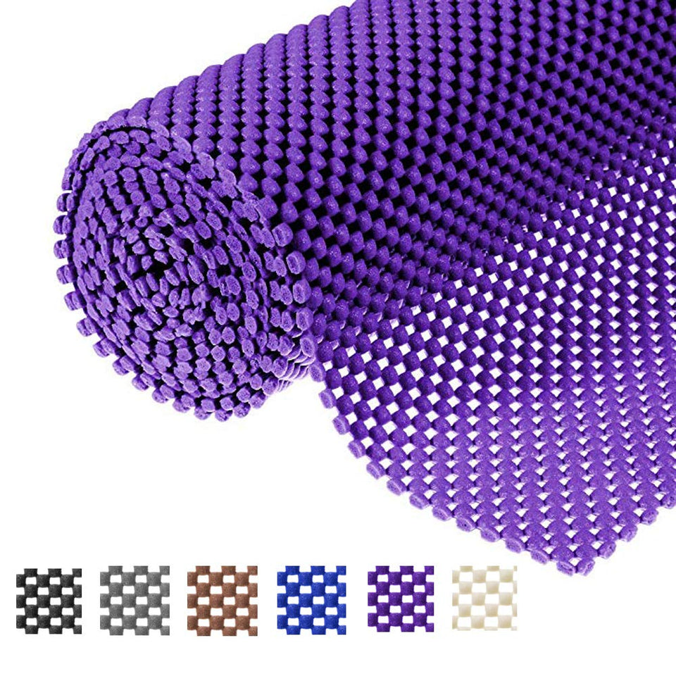 L7HWDP grid-pattern shelf liner in purple enhances grip and keeps items in place.