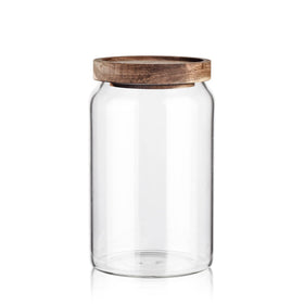 Labina glass storage container with wood lid, wide mouth for easy pouring.