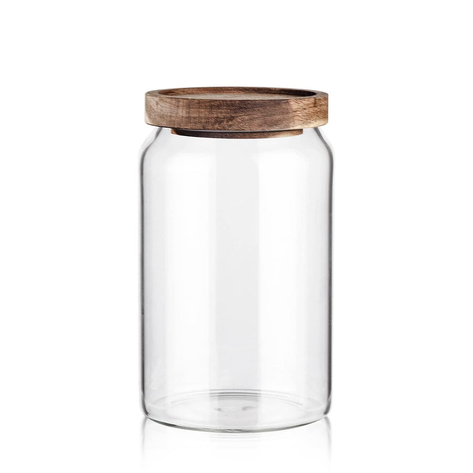 Labina glass storage container with wood lid, wide mouth for easy pouring.