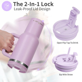 Double-wall vacuum insulation preserves cold for 34 hours and hot for 12 hours.