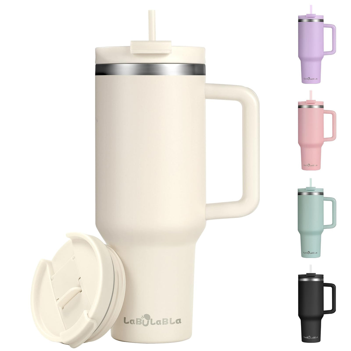 Labulabla 40oz tumbler with handle in beige, easy ice addition and cleaning.