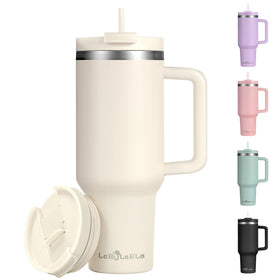 Labulabla 40oz tumbler with handle in beige, easy ice addition and cleaning.