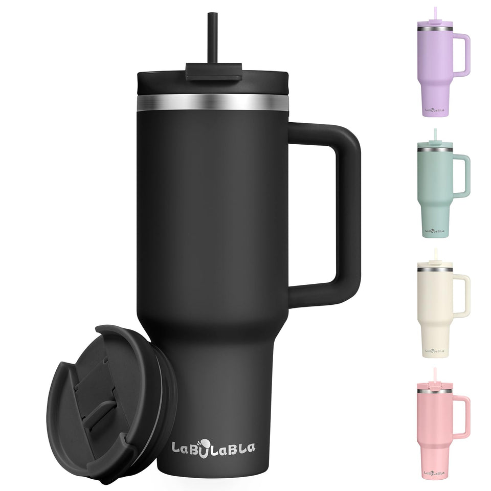 Labulabla 40oz tumbler with handle in black for on the go hydration