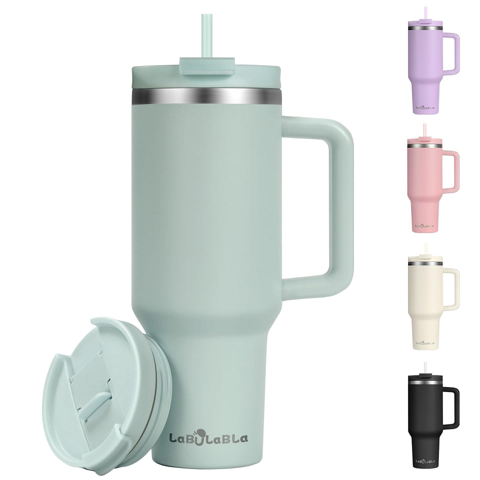 Labulabla 40oz tumbler with handle in Blue Haze for easy transport and usage.