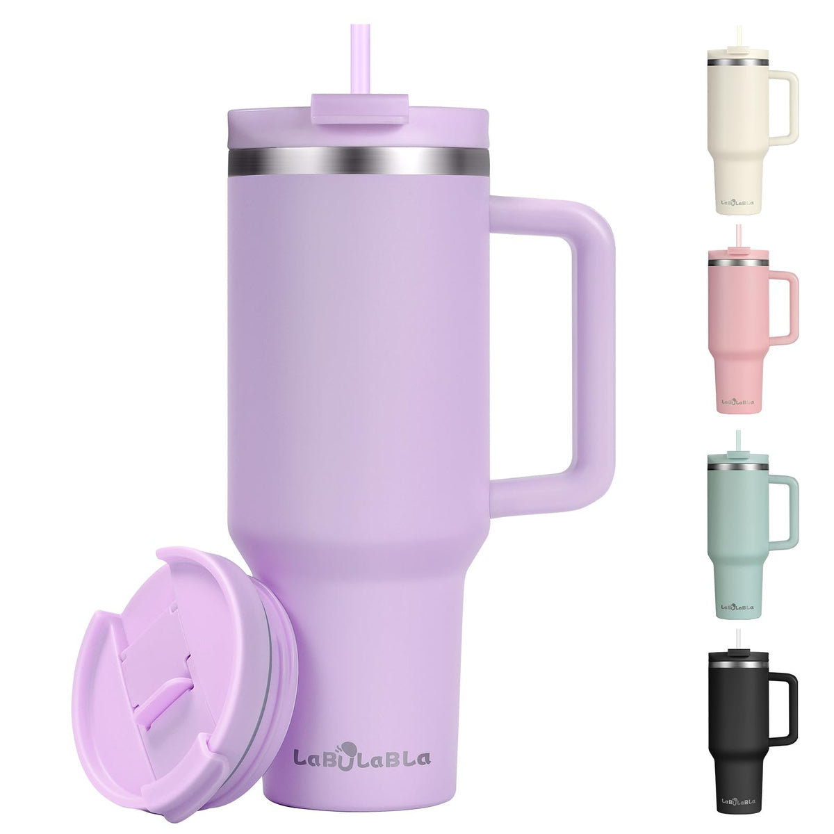 Labulabla 40oz Tumbler with Handle in Lavender keeps drinks cold or hot on the go.