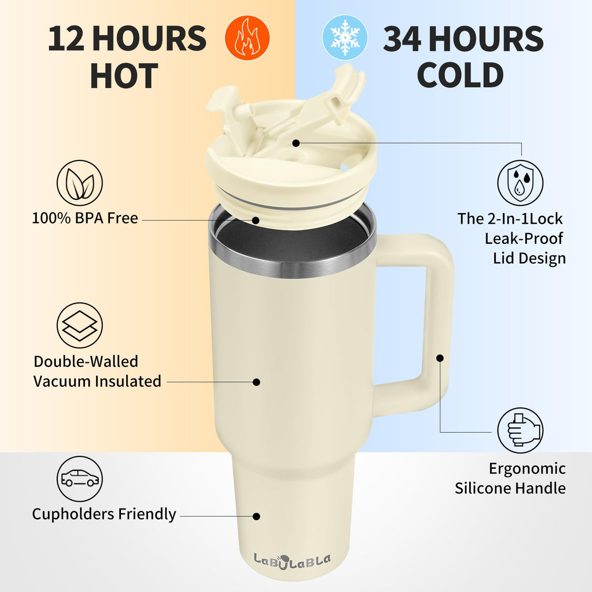 Labulabla double-wall insulated tumbler in beige keeps drinks cold for hours.