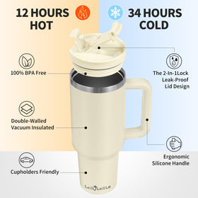 Labulabla double-wall insulated tumbler in beige keeps drinks cold for hours.