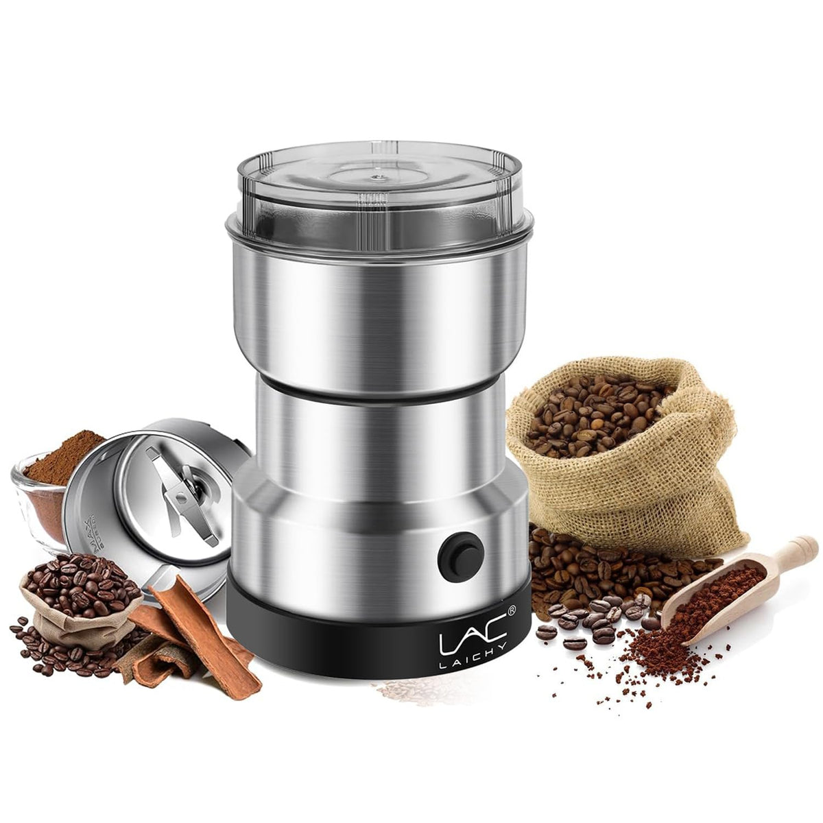 LAC LAICHY coffee grinder beans show fresh aroma ready for brewing.