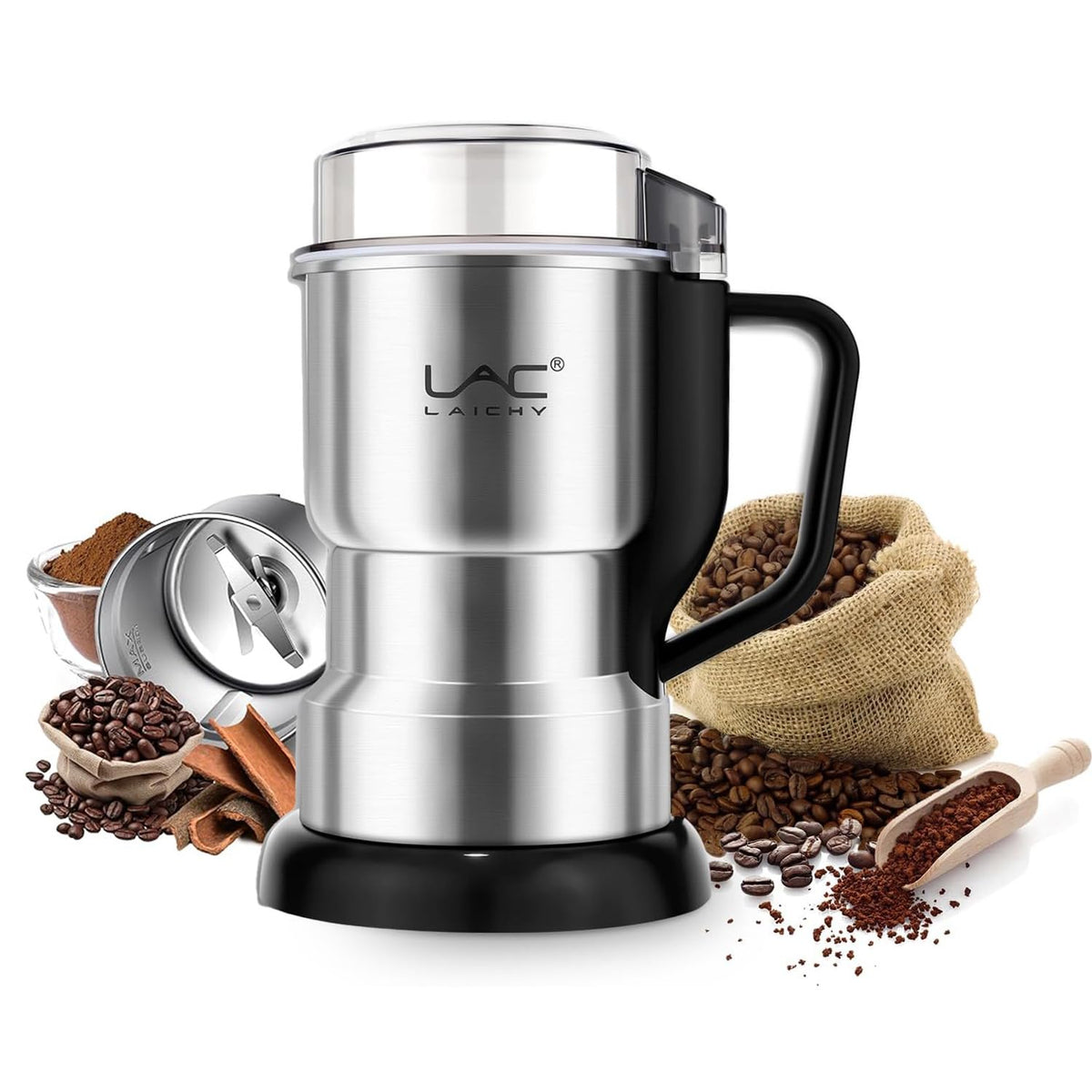 LAC LAICHY electric grinder grinding coffee beans for a fresh morning brew.