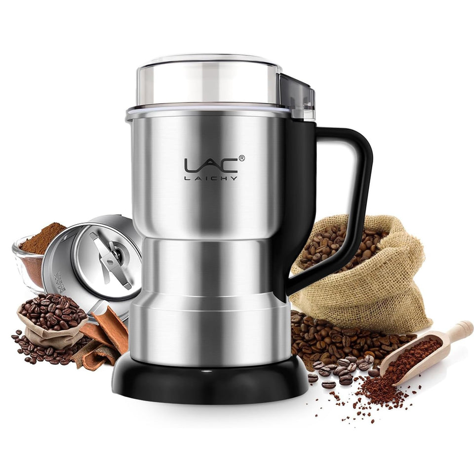 LAC LAICHY electric grinder grinding coffee beans for a fresh morning brew.