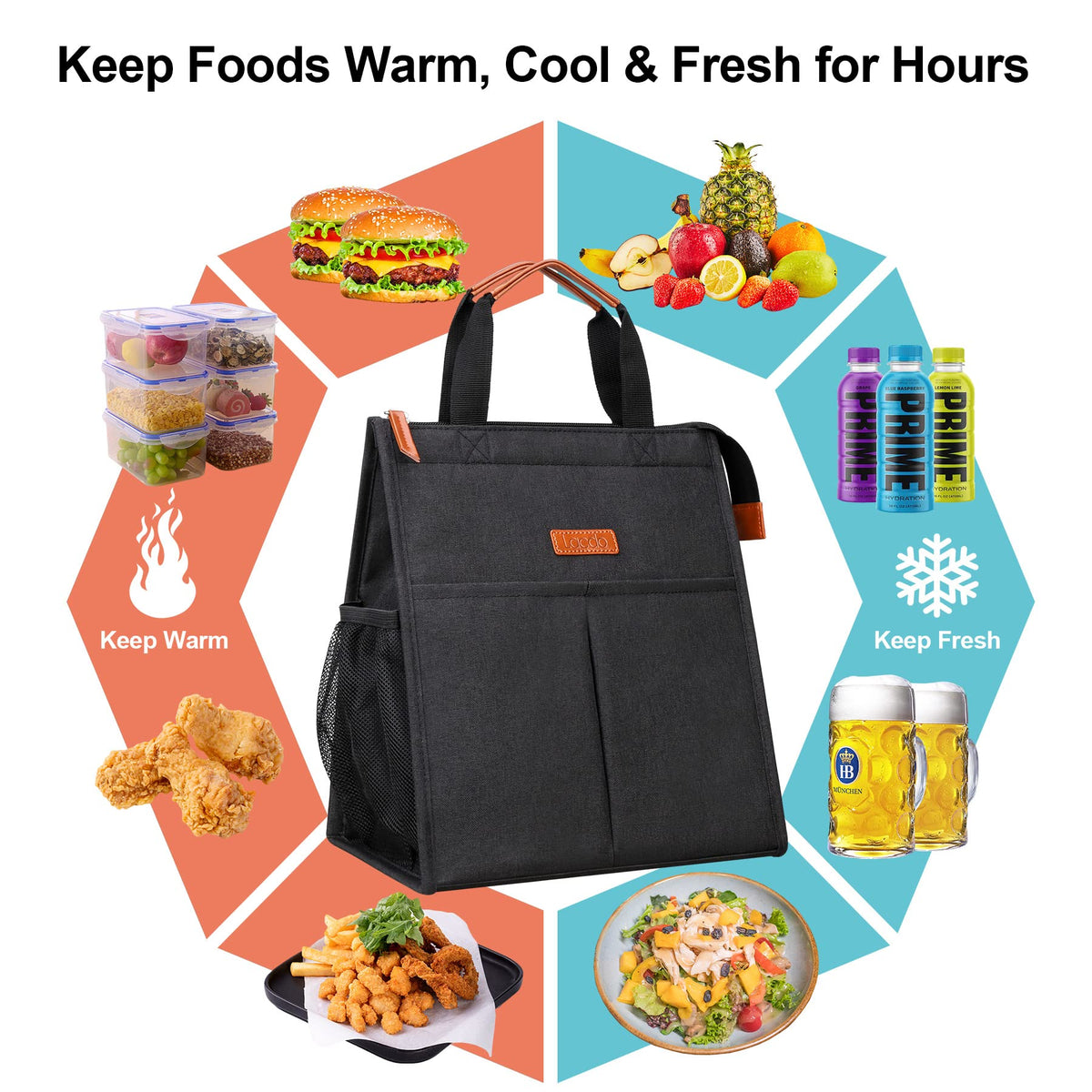 Lacdo lunch bag black front pockets and zipper for easy access and secure storage