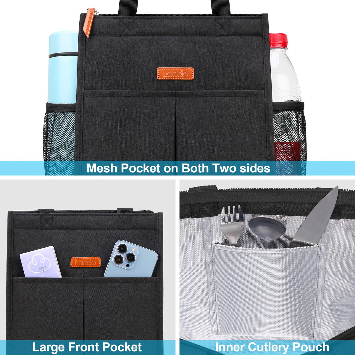 Lacdo lunch bag black side water bottle pocket keeps drinks within reach