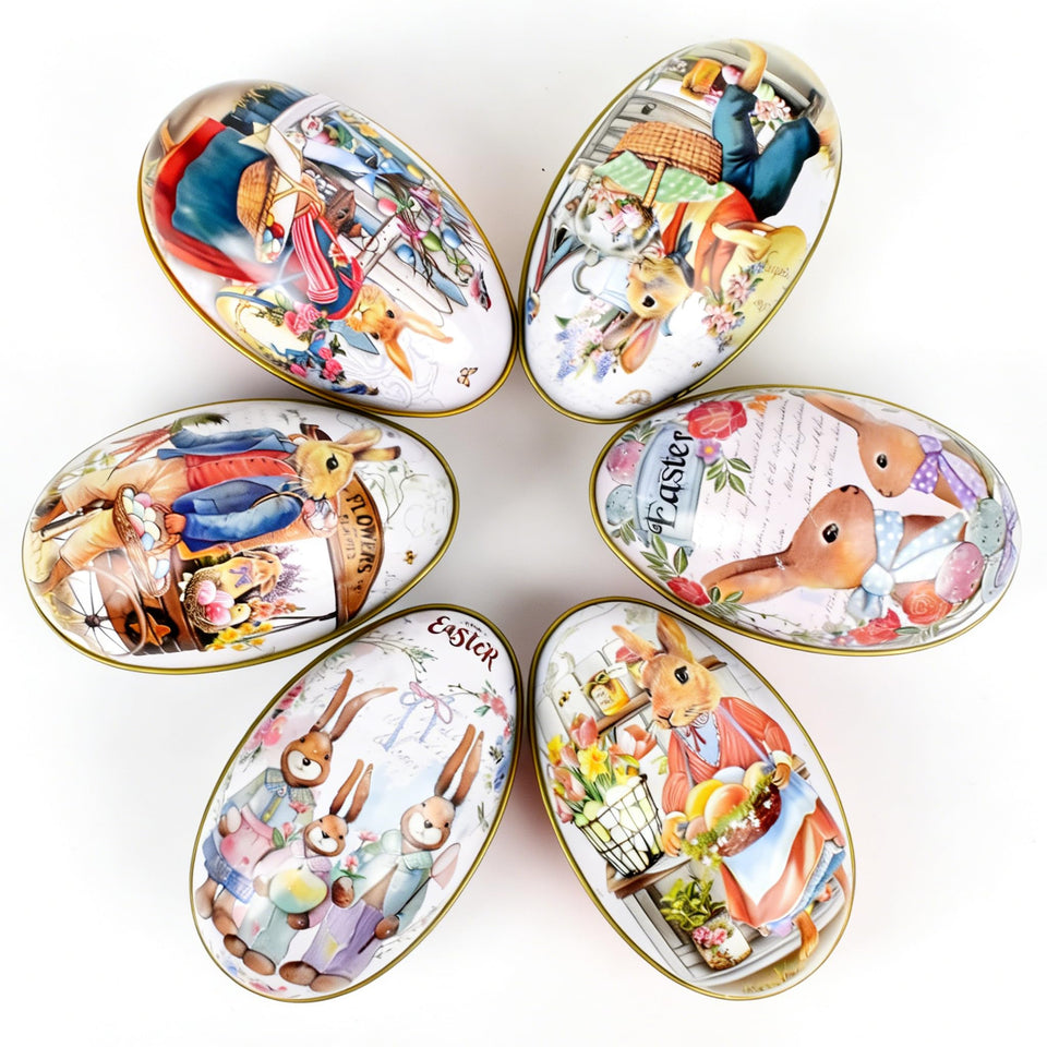 Lacheln Easter egg tin set with vintage bunny art for decorative gifting.