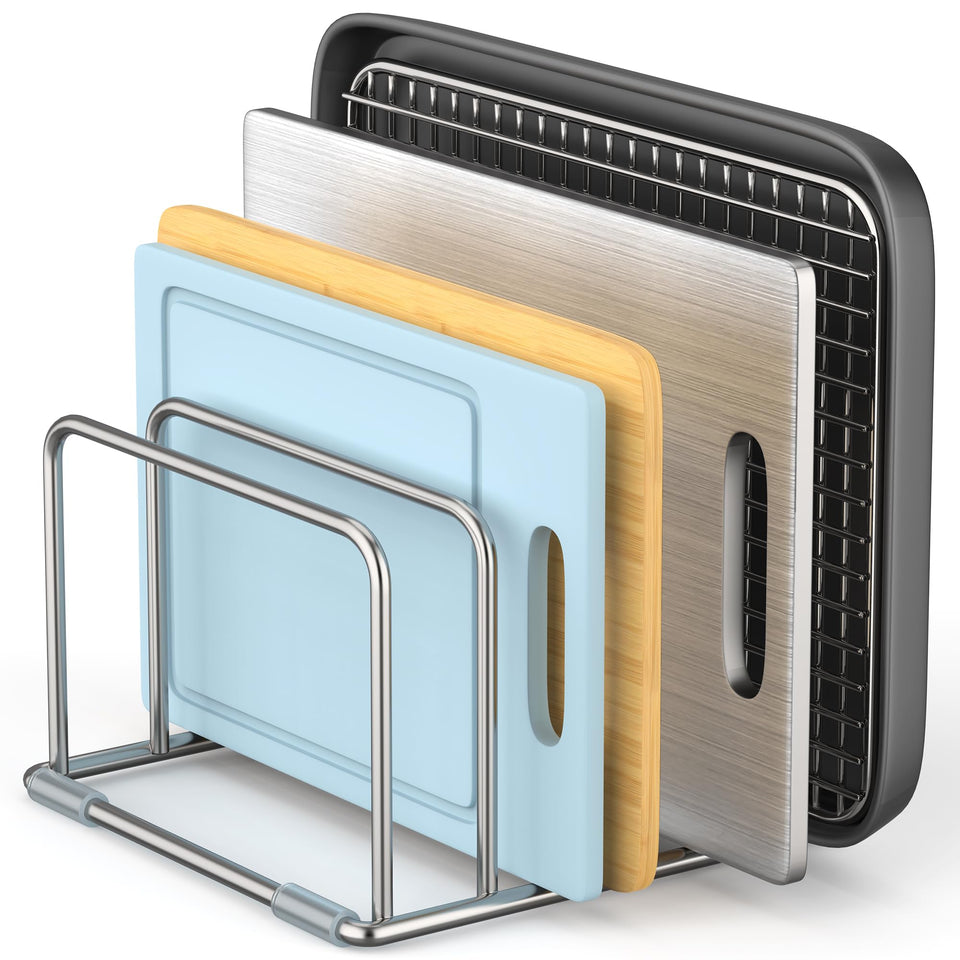 LAEMYFYRE cutting-board holder stand side view, space-saving design for organized countertops.