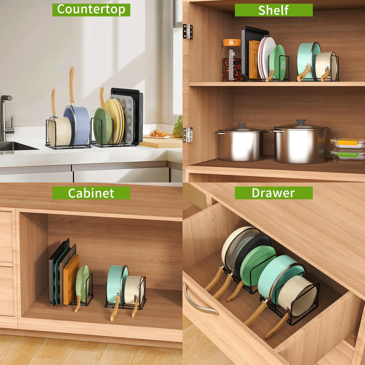 LAEMYFYRE inside cabinet storage setup for tidy kitchen organization.