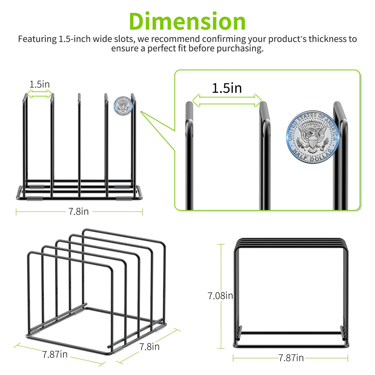 LAEMYFYRE close-up showing 1.5-inch slot width for slim boards and pans.