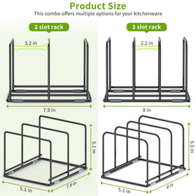 LAEMYFYRE three-slot bakeware rack stores slim pans and cutting boards neatly.