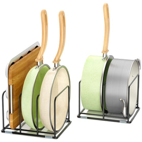 LAEMYFYRE two-slot pan and pot rack keeps bulky cookware organized and accessible.