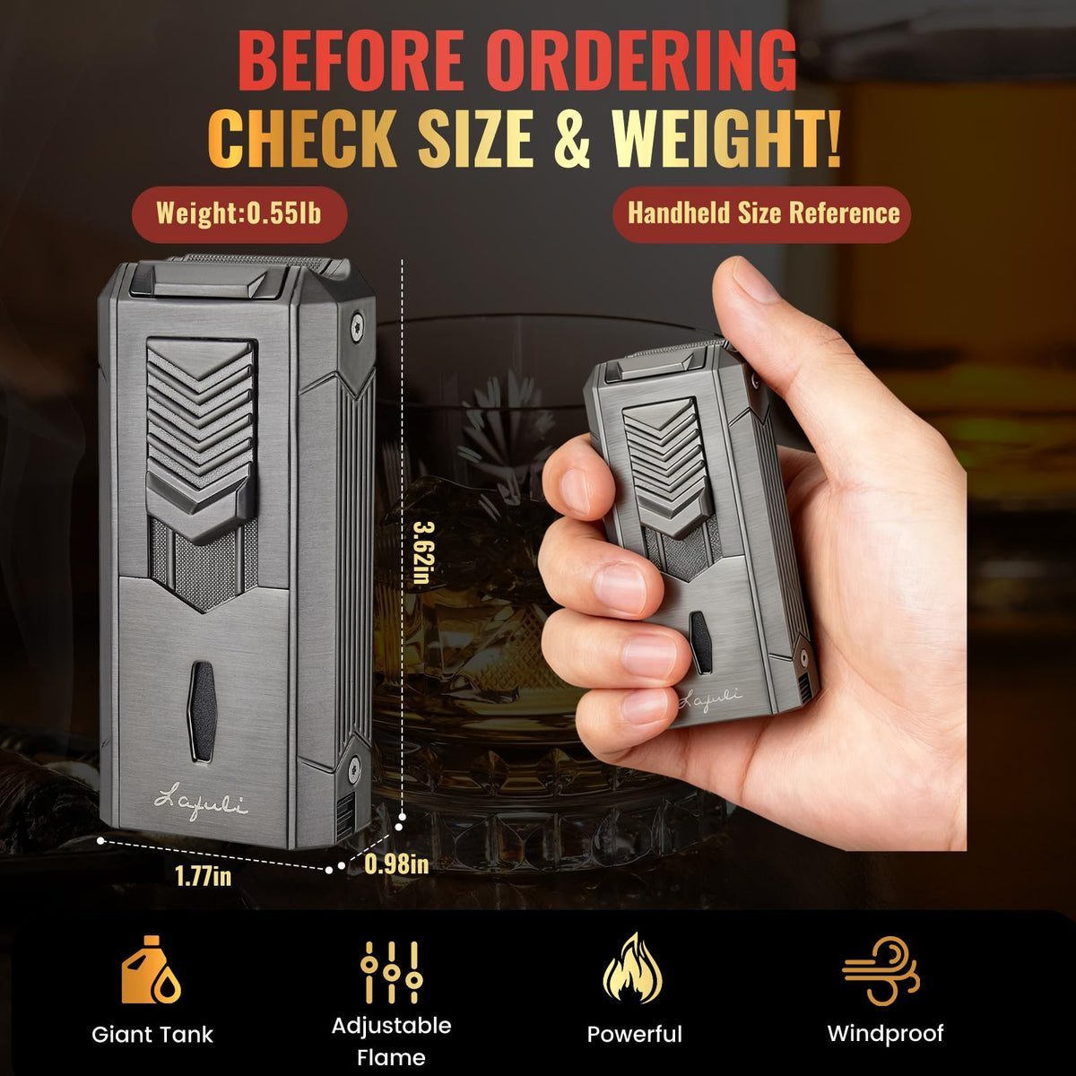 LAFULI side fuel window shows butane level for easy refills